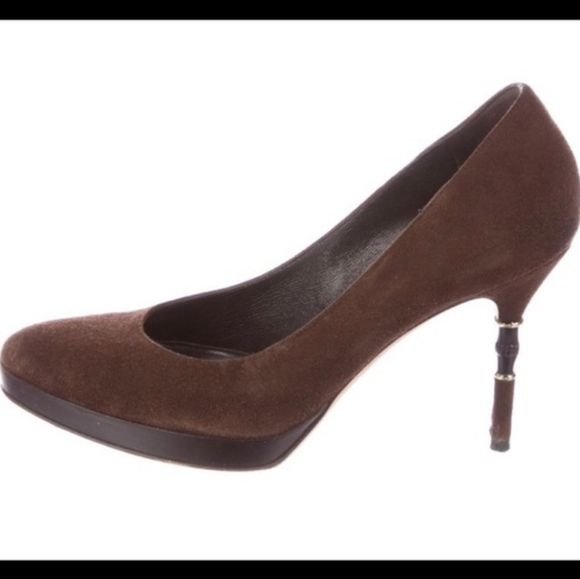 Gucci Bamboo Accent Brown Suede Pump Heels Women's Size EU 36.5/US 6 - Picture 1 of 16